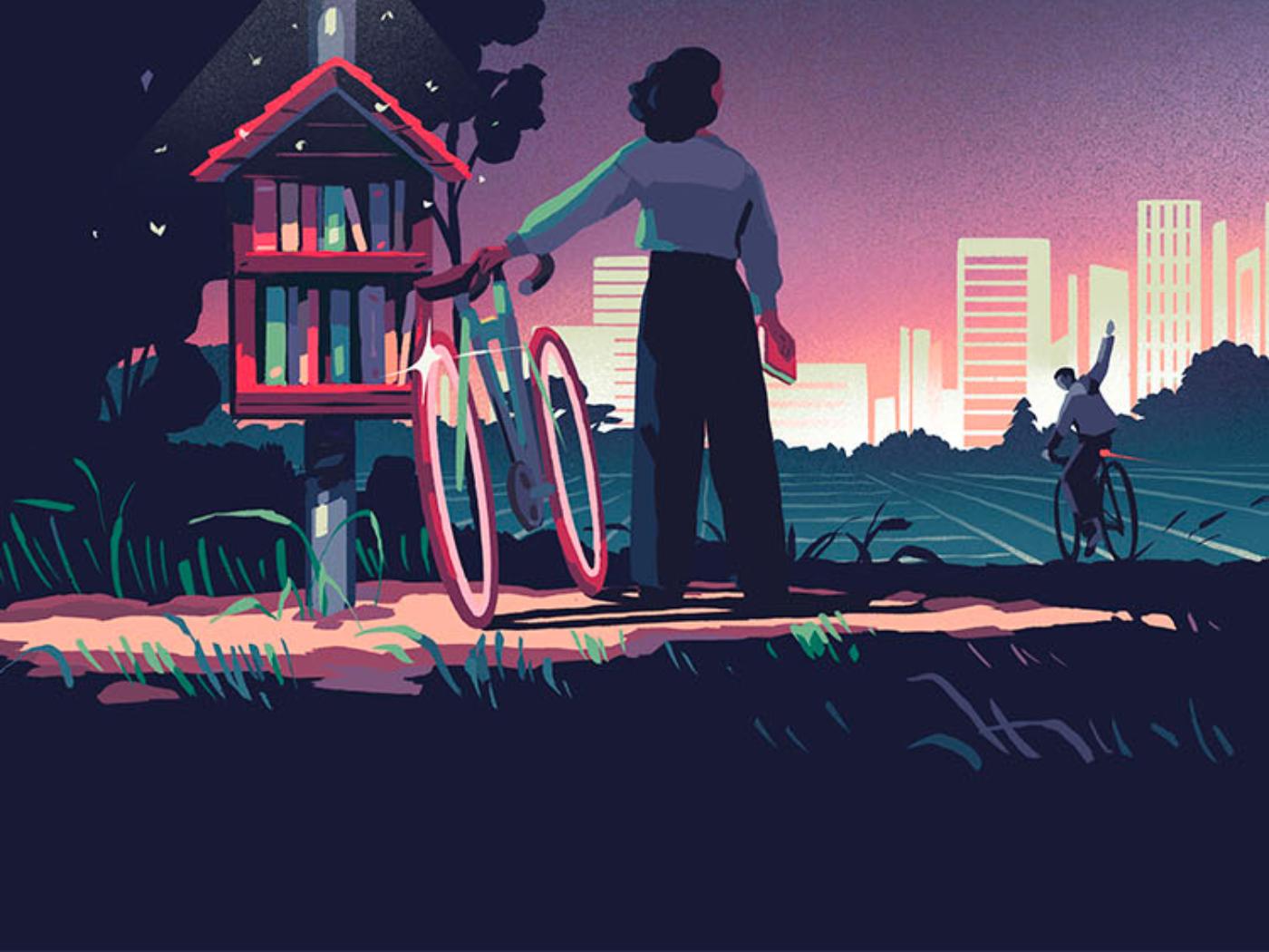 Une femme tenant un vélo au crépuscule devant une boîte à livres